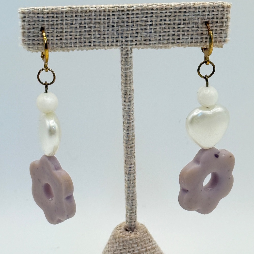 Dangle Earrings‎ Pearl Heart Flower Lavender Gold Tone Jewelry